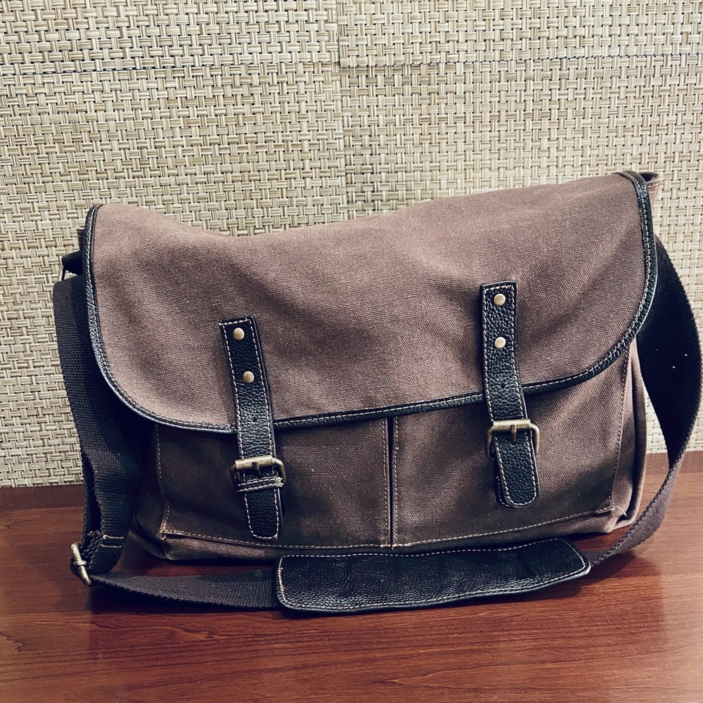 Brown Canvas Messenger Bag Antique Brass & Split Leather Trim